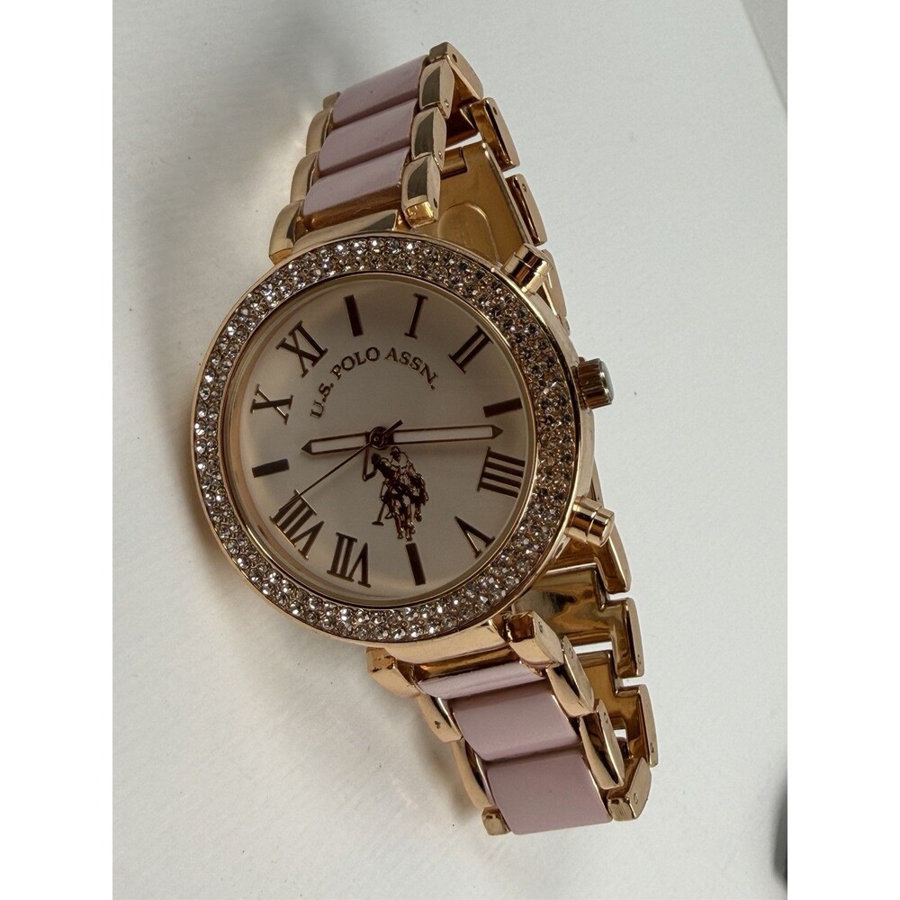 U.S. Polo Assn Women’s USC40084 Pink Rose Gold Crystal Watch 39.5mm New Battery